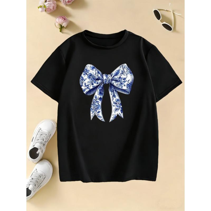 

Summer and Spring Casual Top, Short-sleeve Girl’s Blue Heart and Bow Print T-shirt 160