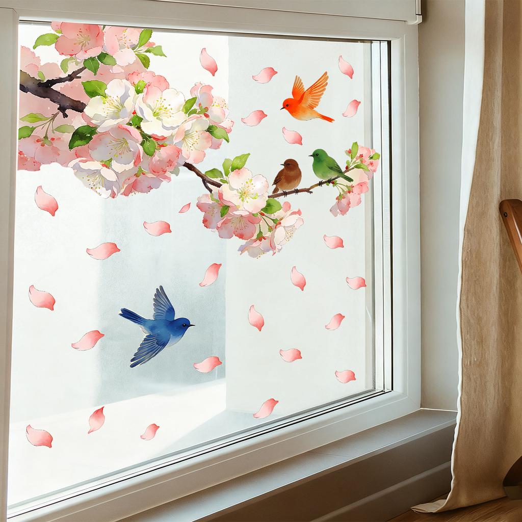 Floral Branch with Bird Static Cling Window Stickers No Glue Removable Reusable for Bedroom Living Room Study Home Decor