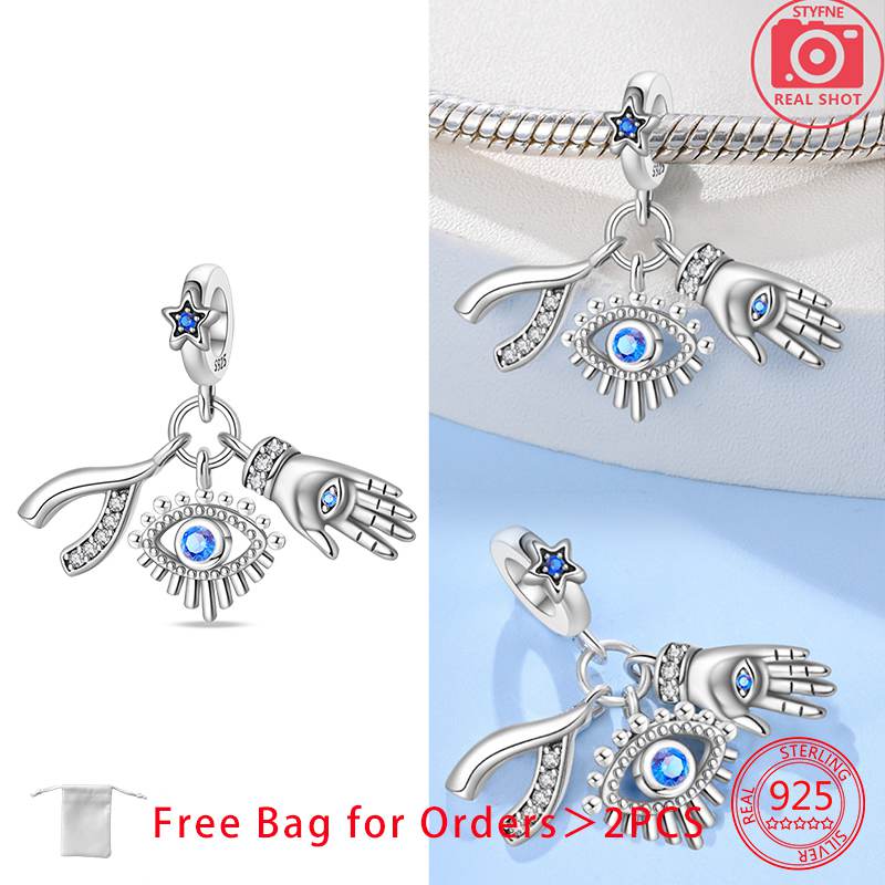 Charm Bead Components Shiny Zircon Blue Devil's Eye and Fatisha's Hand Bead Components Copper Metal Pendant Bead Component Compatible With Do It