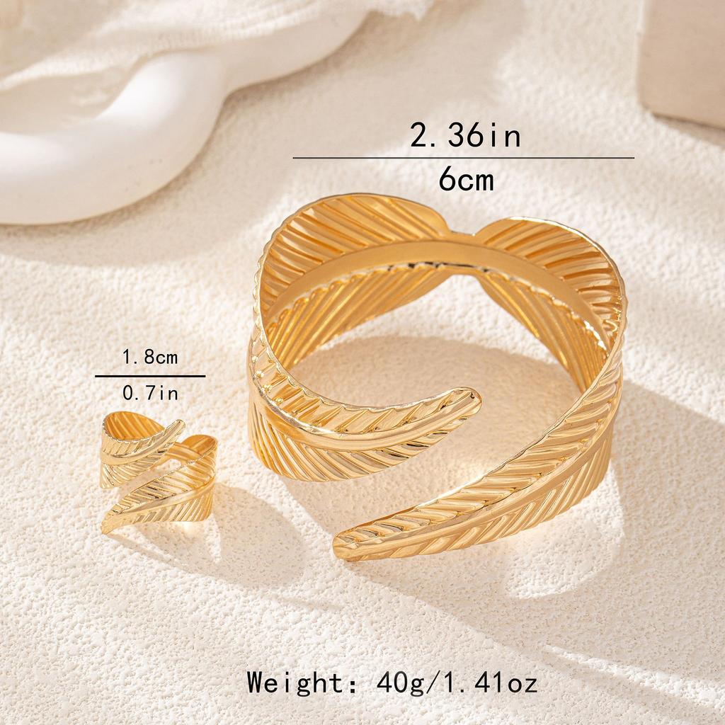 2PCS Geometric Crossing Leaves Cuff Bangles Ring for Women Holiday Fashionable Retro Metal Opening Bracelet Ring Zircon Set