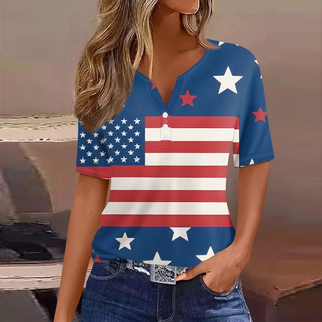 Women's T Shirt Tee Print Button Short Sleeve Daily Weekend Fashion Basic V- Neck Regular Top