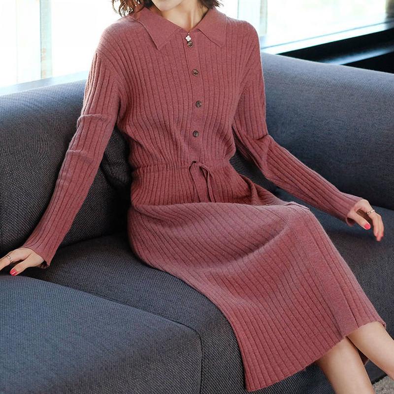 Casual Blue Knitted Dress Women High Waist Long Sleeve Dress Female Autumn Turn-down Collar Button Ladies Dresses