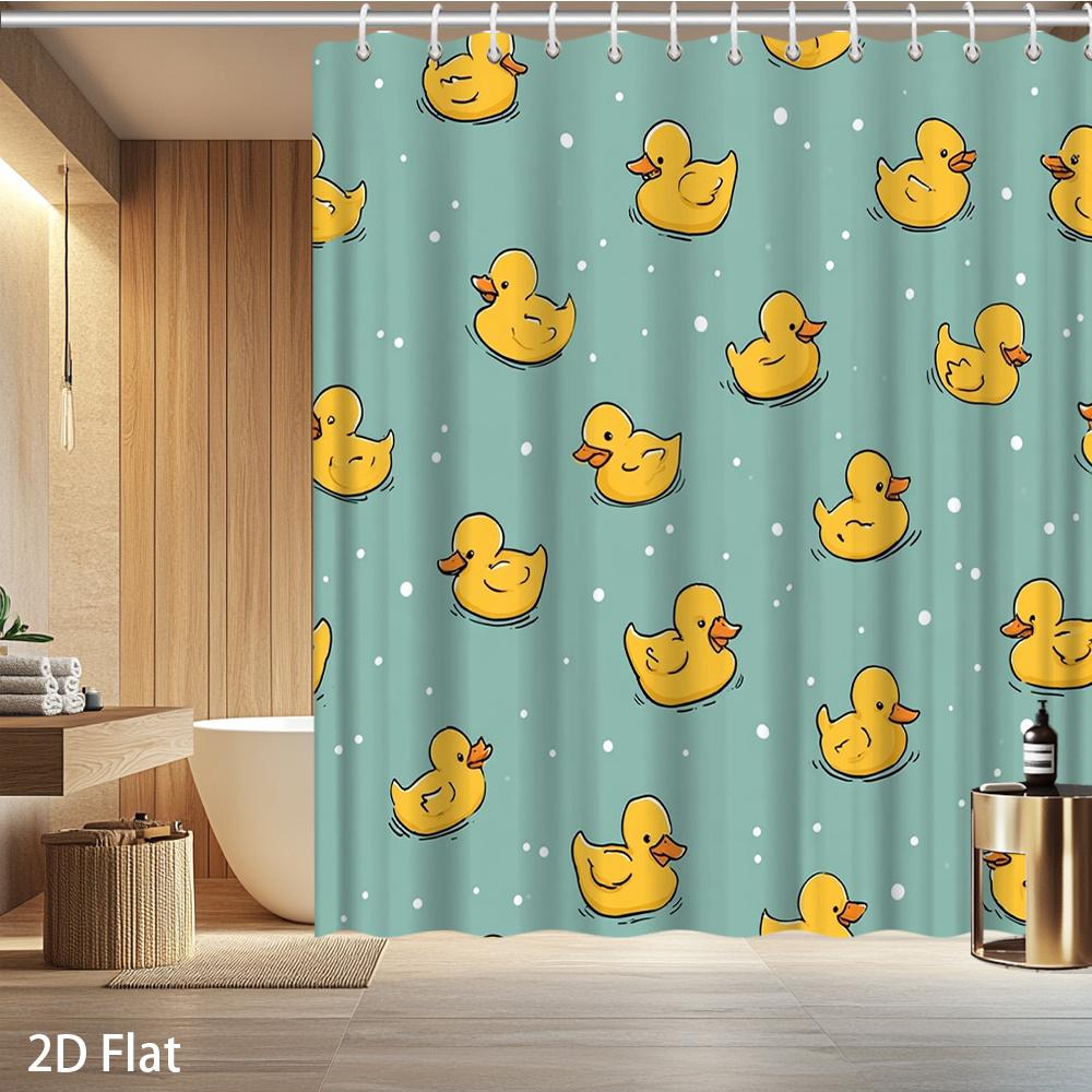 1 Stück Gelber Enten-Duschvorhang – Blauer Hintergrund, 2D-Flachdruck, Schimmelresistentes Polyester, 72"X72", Mit 12 Haken