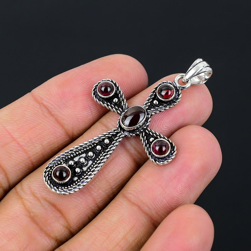 Natürlicher Granat Edelstein Handgefertigter 925 Sterling Silber Kreuz Anhänger 2,10" d3I87