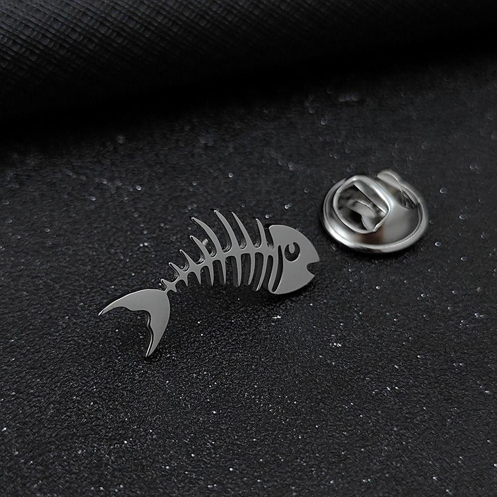 Stainless Steel Men's Collar Brooch Hollow Design Fish Skeleton Lapel Pin  Formal Wear