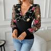 YYFS Women's Fashion Casual Spring Autumn Flower Pattern Print Long Sleeve V-Neck Blouses & Shirts