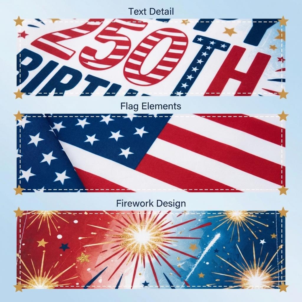 Happy 250th Birthday America 1776-2026 Polyester Triple Layer Double Sided Print Flag with Light Blocking Layer for Outdoor Display