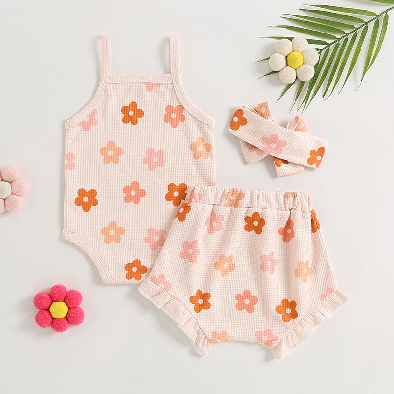 Baby Girl Summer Clothes Floral Print Sleeveless Romper and Ruffle Shorts Headband Set 3PCS Outfits 0-18 Months