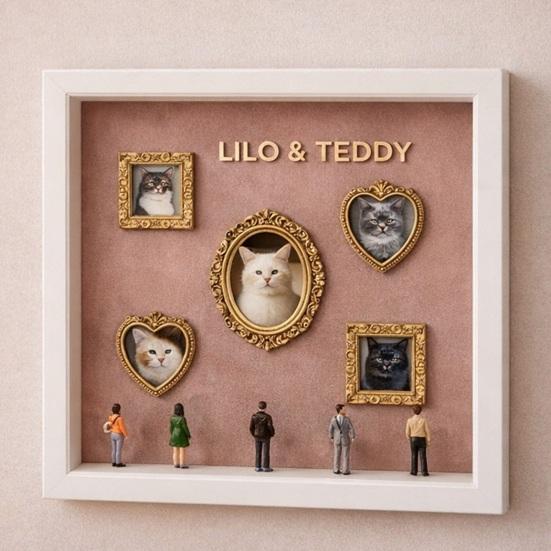 DIY Mini Museum Silhouette Box Personalized Photo Display Shadow Box Frame Kit with Mini Gold Frames Figurines Pet Memorial Gift for Home Bedroom Desk