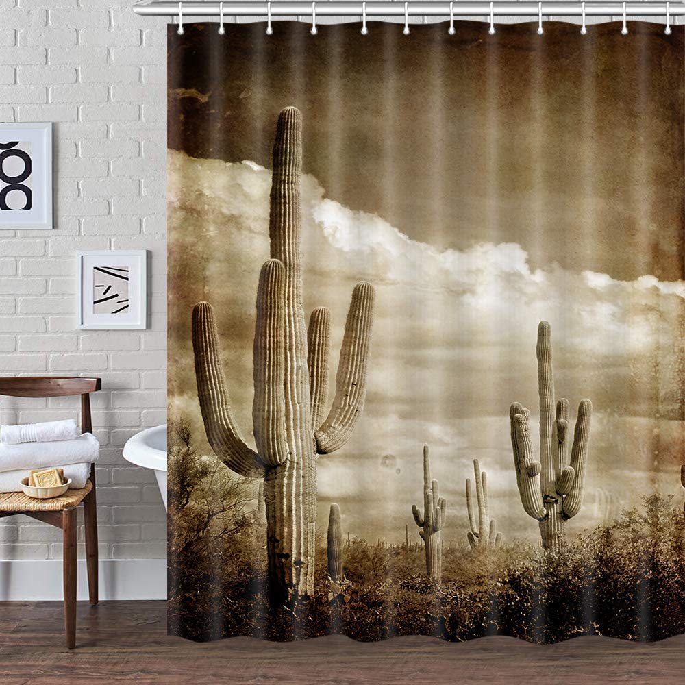 

Cactus Shower Curtain,Western Nature Wild West Nature Sunset In Sonoran Desert Near Phoenix Fabric Saguaro Bathroom Curtain Sets W60H190(CM)-1 Pcs