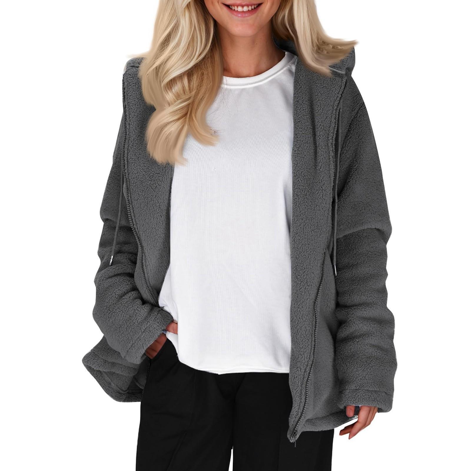 

Женское модное однотонное пальто с длинными рукавами, свободная плюшевая куртка с капюшоном на молнии XL