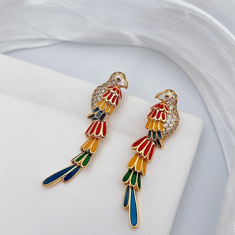 Creative And Cute Parrot Bird Colored Glazed Stud Earrings, Unique Personality Zircon Earrings, Light Luxury Fashion Trend Earrings