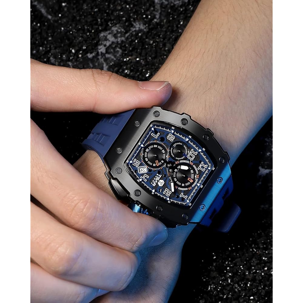 Tsar Bomba Men's Classic Tonneau Face Watch 50M Waterproof Sapphire Crystal Silicone Strap Blue 16.8mm Case Thickness