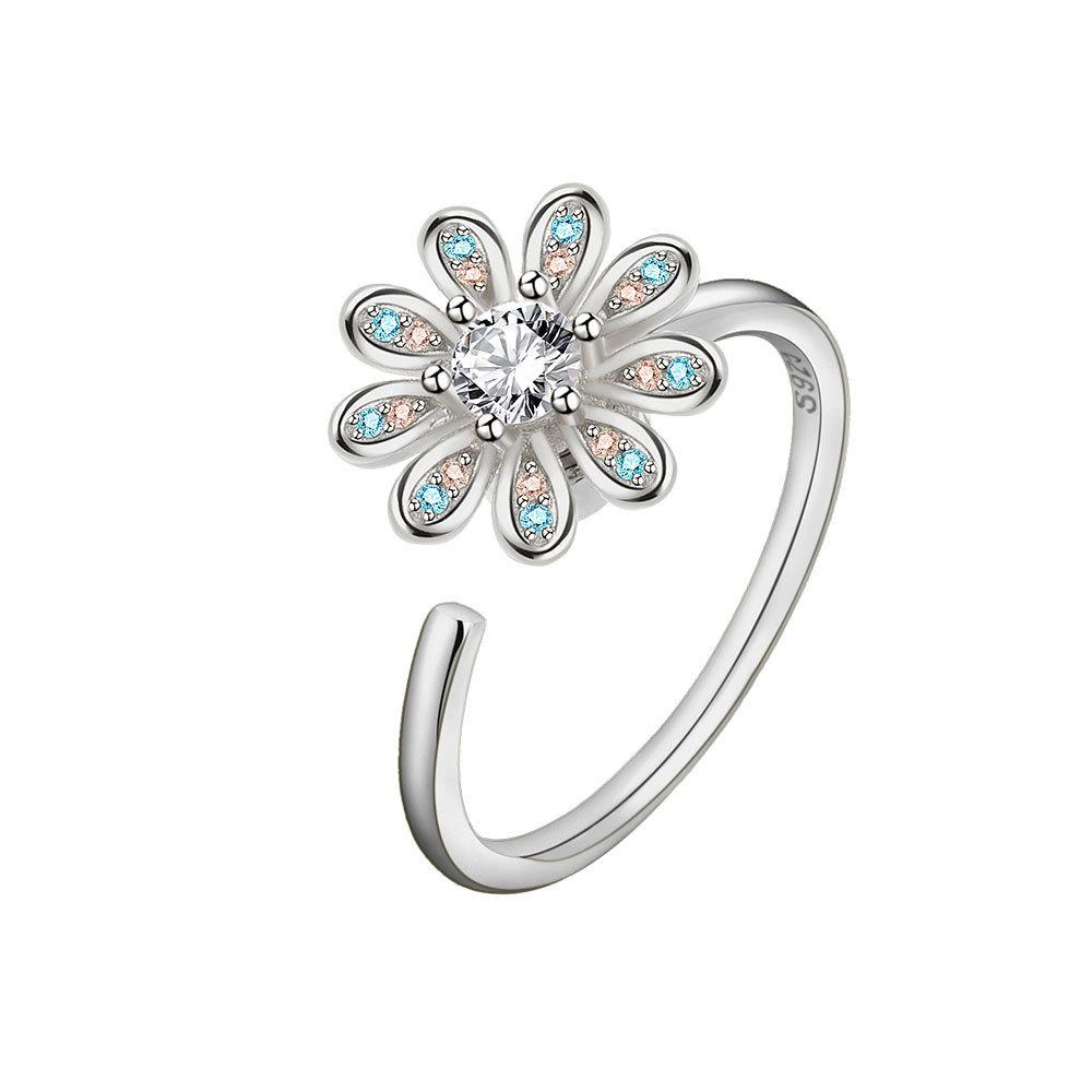 Adjustable Flower Ring With Cubic Zirconia For Elegant Women Fashion Jewelry серебряный