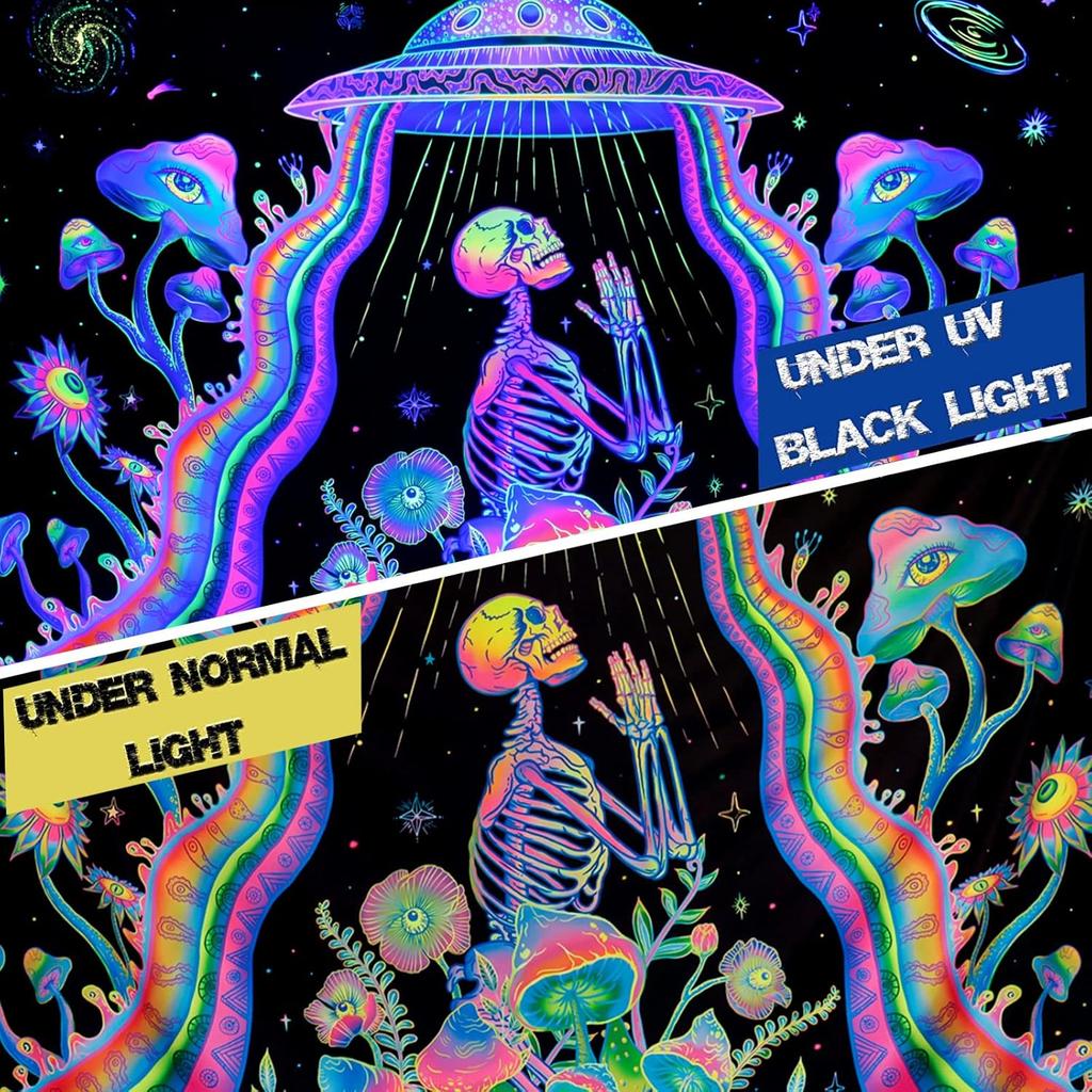 Galoker Blacklight Skeleton Tapestry Fantasy Plant Floral Tapestries UV Reactive Alien UFO Tapestry Galaxy Space Tapestries Wall Hanging for Home