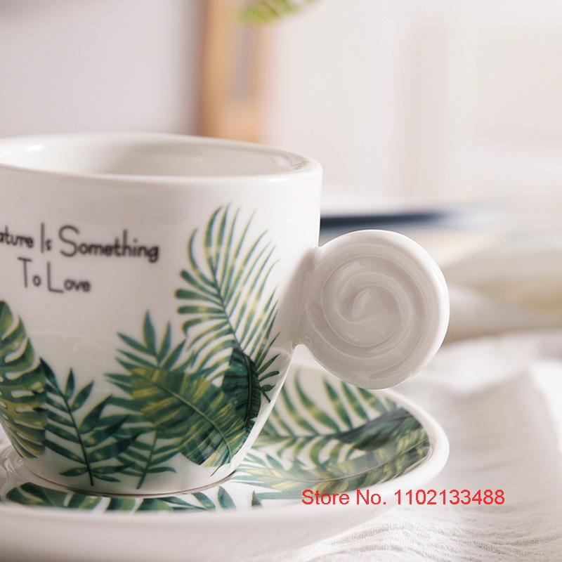 90ml Ceramics Coffee Cup And Saucer Set Nordic Fresh Cafe Drinkware Plant Monstera Office Mug Milk ESPRESSO SHOT Teacup For Girl