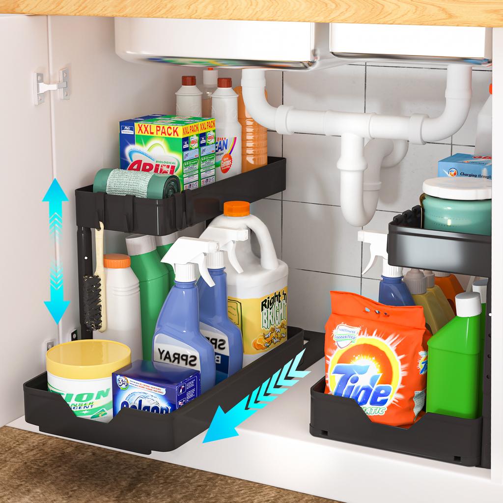 Adjustable Height Under Sink Organizers and Storage, Pull Out Cabinet Organizer 2 Tier Slide Out Shelf Under Cabinet Storage, Under Sink Organize