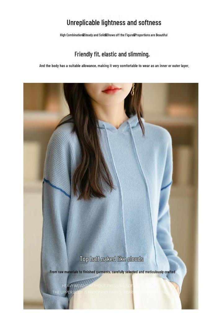 Women's Casual Hooded Cashmere Wool Knit Sweater - Pure Loose Fit Fashion for Spring, Autumn, and Winter