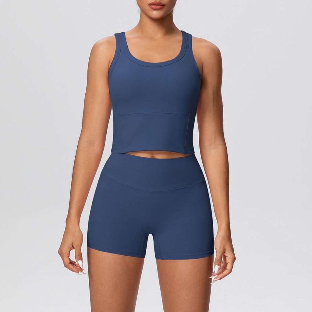 Cross-border Solid Color Reversible Yoga Vest & Shorts Fitness Set
