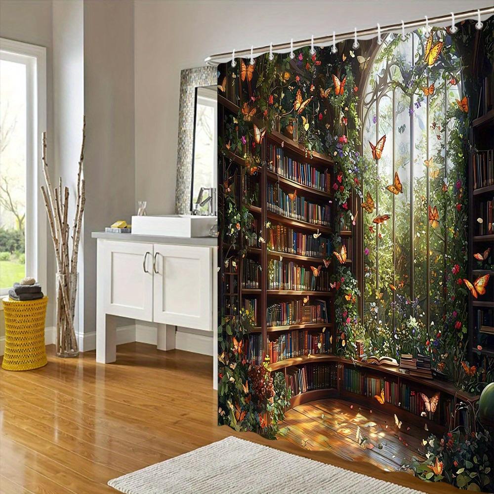 Enchanted Library Shower Curtain - Fantasy Bookshelf, Watercolor Art, Colorful Books & Butterflies, Water-Resistant