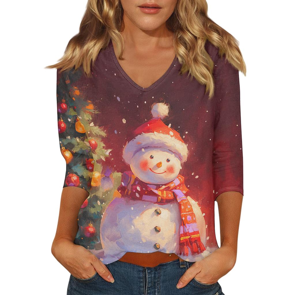 Ladies' Christmas Printed Fashionable Casual Seven Quarter Sleeved V-neck Top