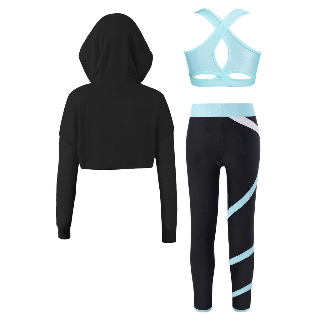 Kinder Mädchen Sport-Set Langarm Kapuzenpullover Sweatshirt Tops mit ärmellosem bauchfreiem Top und Leggings Street Dance Kleidung