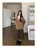 Women's Retro Plaid Three-Piece Set: Sweater Coat, T-Shirt, and A-Line Midi Skirt