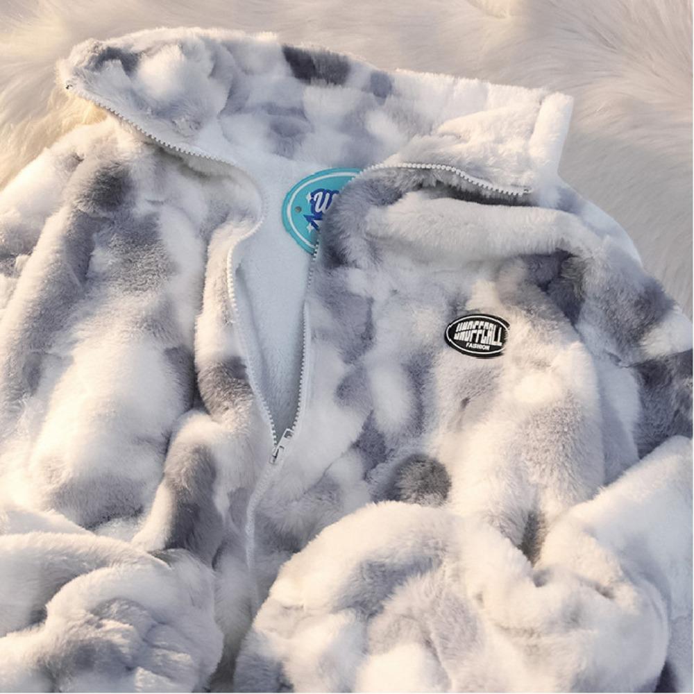 Women's Tie Dye Lamb Fleece Jacket Autumn Winter Zipper Outerwear Warm Plush Jackets Harajuku Casual Loose Female Thick Coat