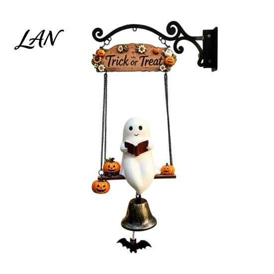 Decorative Metal Bell Ornament Halloween Swing Ghost Doorbell, with Pumpkins Decor, Gothic Style Trick Festive Front Door Hanger or Treat Sign,