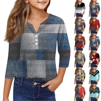 Girls Casual Fashion Tops Printed Seven Sleeve T-Shirt With Buttons