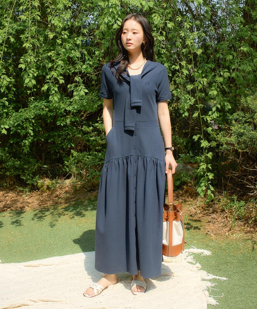 Salon De Yon Shawl Layered Long Dress_ Navy