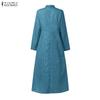 ZANZEA Women Casual Turn Down Collar Long Sleeve Grid Print A-Line Dress