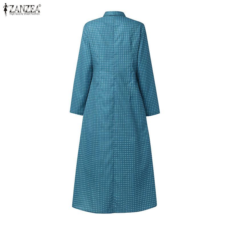 ZANZEA Women Casual Turn Down Collar Long Sleeve Grid Print A-Line Dress