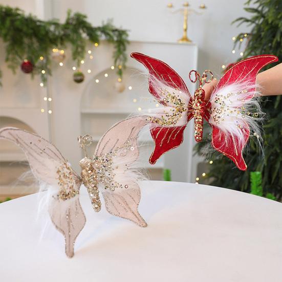 Glitter Butterfly Christmas Ornaments Artificial 3D Sequined Butterfly with Feather for Christmas Tree Crafts Flower Bouquets Fairy Garden Home Decor