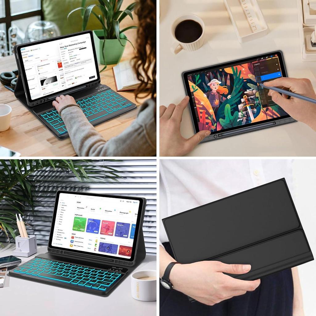 Samsung Tablet Tab A9 Plus Leather Case with Backlit Bluetooth Keyboard and S11 Pen Slot
