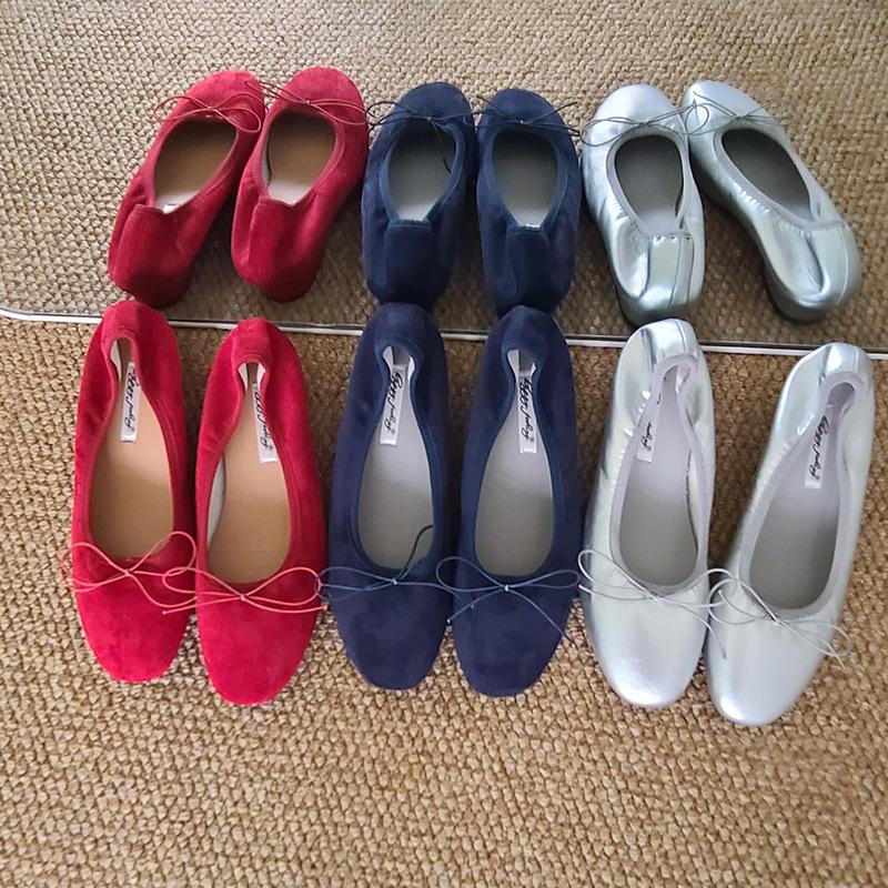 Ballet bow light mouth red single shoes women's new retro Doudou shoes flat women's retro suede grandma shoes