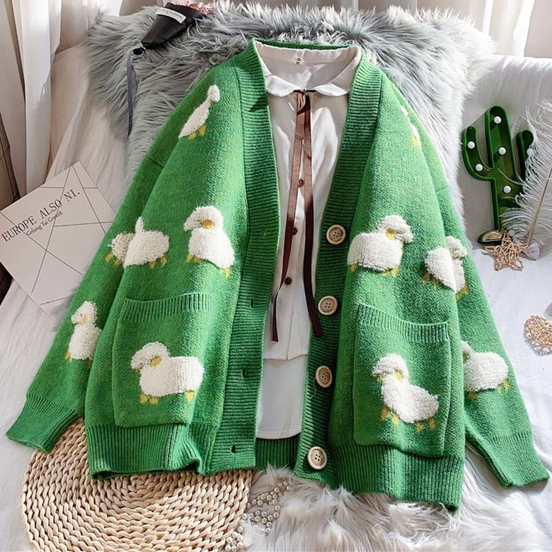 Cardigan in Maglia Autunno Inverno da Donna Streetwear Largo Maglione a Maglia Cappotto Stampa Cartone Animato Carina Scollo a V Cardigan in Maglia Giacca da Donna