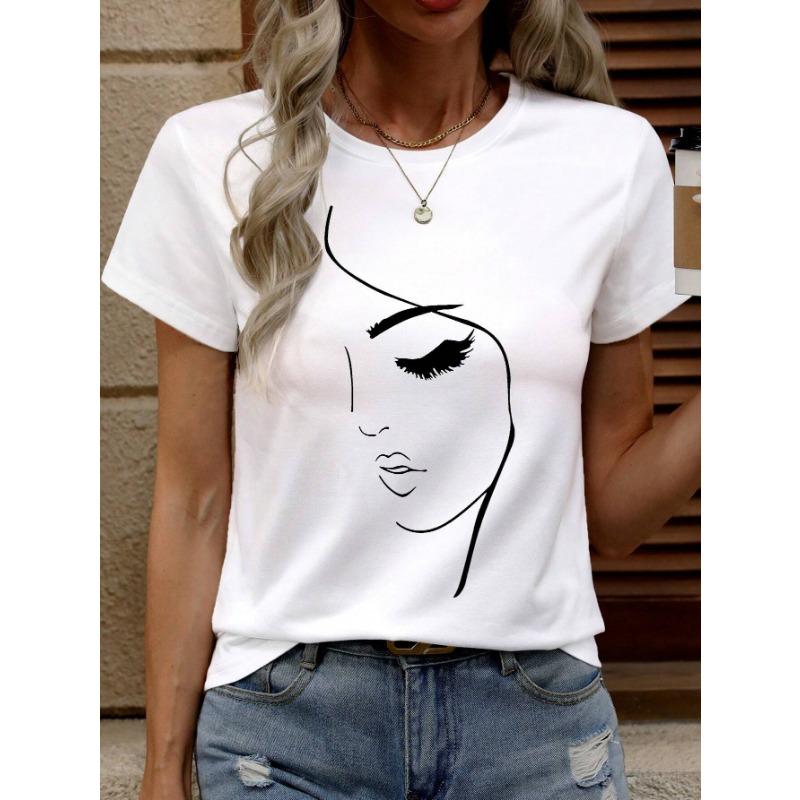 Summer Round Neck 3D Facial Depiction Pattern Print Top Fashionable Casual Short Sleeved Women's T-shirts
