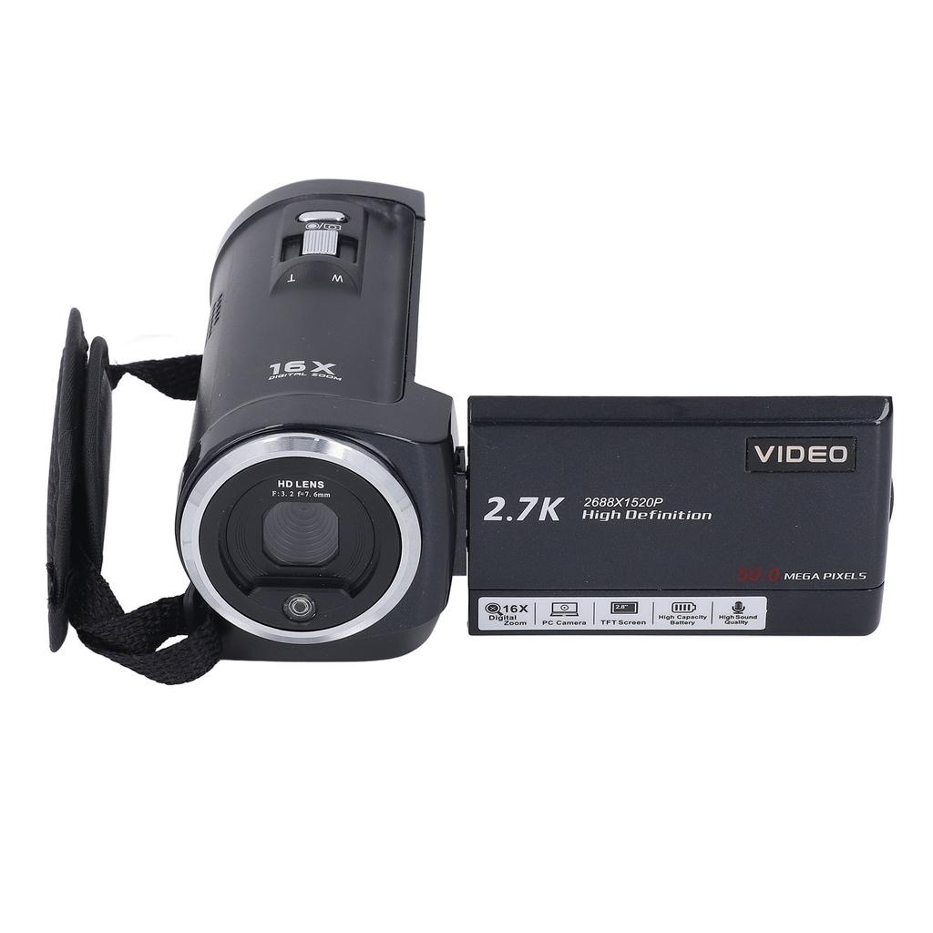 QHD 2.7K Video Camera 50MP 16X Digital Zoom Camcorder 270 Degree Rotation Screen Video Recorder Webcam Recording While Charging 64GB Storage Card