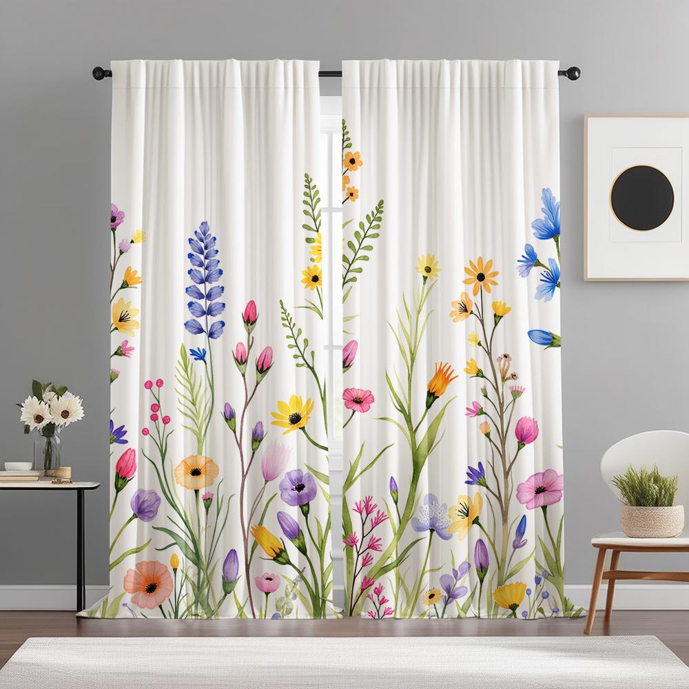 Watercolor Wildflower Curtains Set of 2 Rod Pocket Semi Sheer for Living Room Bedroom Decor
