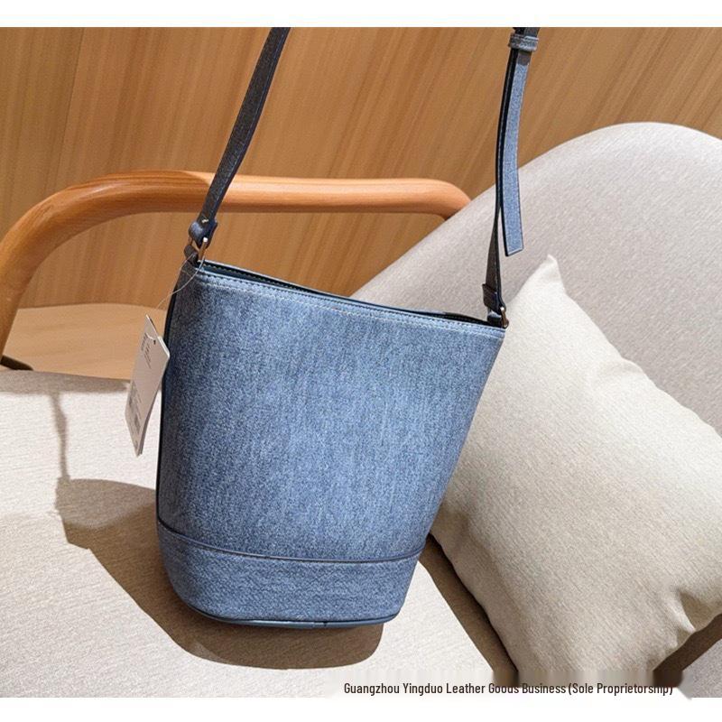 MLB25 Korea Denim Patchwork Bucket Handbag with Adjustable Shoulder Strap for Men and Women