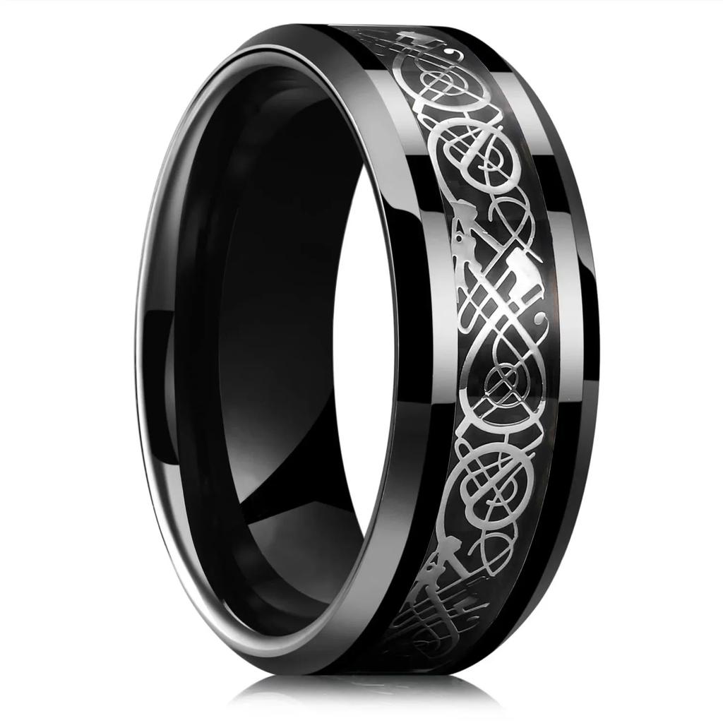 Fashion 8mm Men Stainless Steel Celtic Dragon Rings Inlay Black Carbon Fiber Rings For Men Wedding Band Jewelry
