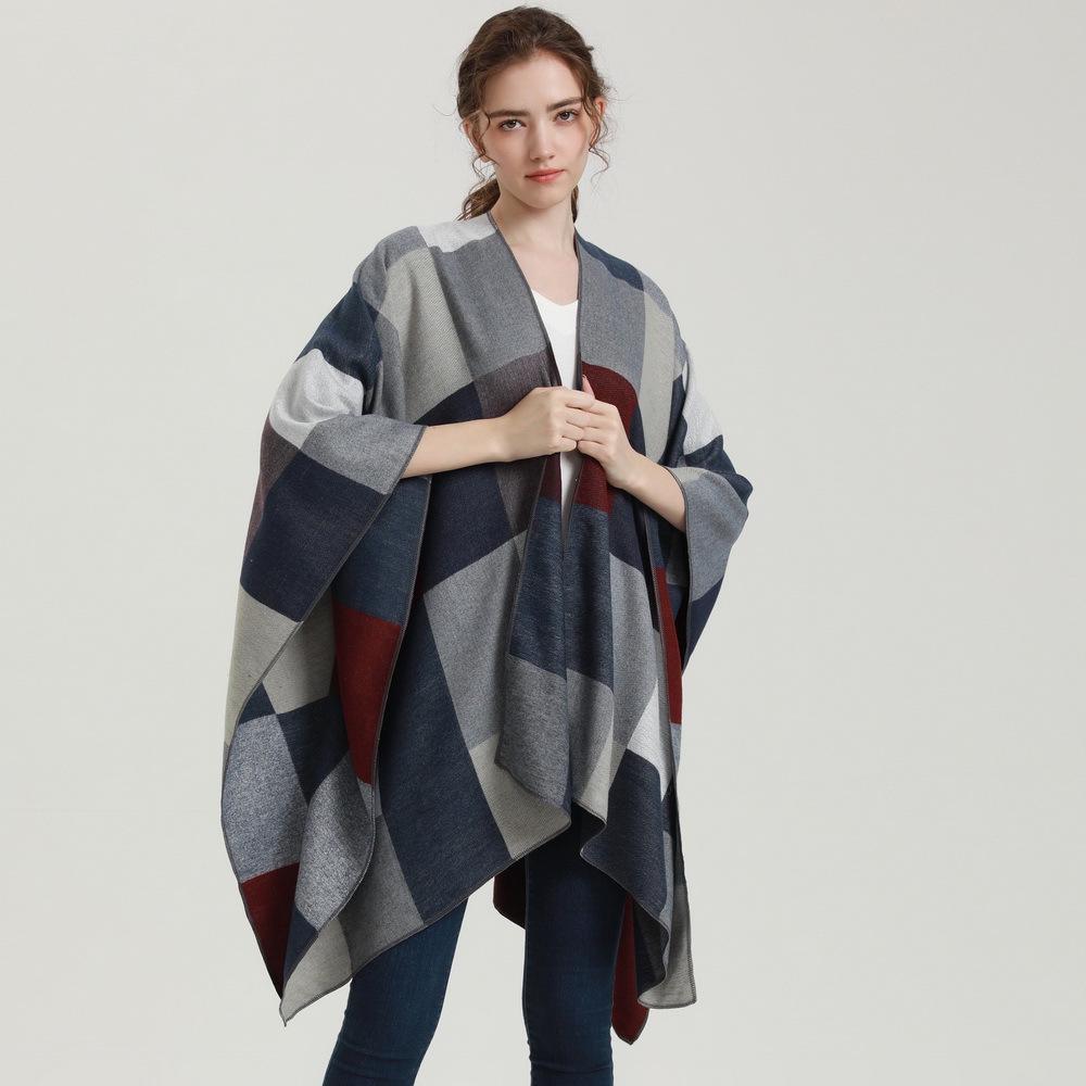 Autumn & Winter Women's Double-Sided Plaid Shawl Scarf - Imitation Cashmere, Multifunctional with Slit Design.