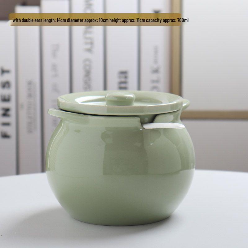 Ceramic Double-Handled Lard Jar with Lid - High-Temperature Resistant Kitchen Oil Storage Pot