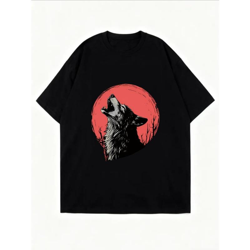 Wolf Howling Graphic T Shirt White Wolf And Red Moon Print Casual Summer Wear For Women