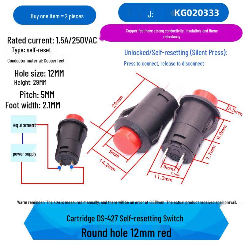 Round Button DS-427/428 Pushbutton Switch: 12-Unlocked, Self-Resetting, Locking/Momentary 