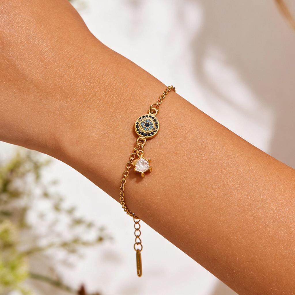 Minimalist Gold Color Evil Eye Bracelet With Star Pendant For Women Waterproof Stainless Steel Chain Hand Jewelry Summer Gifts