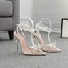 Fashion Sexy Transparent Pvc String Bead Women Thin High Heels Shoes Rhinestone Butterfly-Knot Clear Pointed Buckle Strap Sandals Pumps