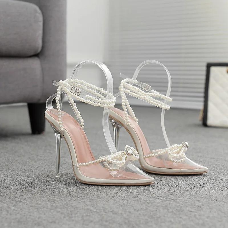 Fashion Sexy Transparent Pvc String Bead Women Thin High Heels Shoes Rhinestone Butterfly-Knot Clear Pointed Buckle Strap Sandals Pumps