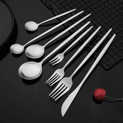 6Pcs Silver Tableware Set Knife Fork Long Handle Spoon Dinnerware Dessert Flatware Matte Cutlery Stainless Steel Silverware